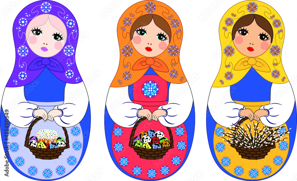 Russian doll matryoshka, grandmother's doll. The doll holds a basket with colored eggs, willow twigs and a cake for the Easter holiday. Russian doll matryoshka, grandmother's doll. The doll holds a basket with colored eggs, willow twigs and a cake for the Easter holiday.