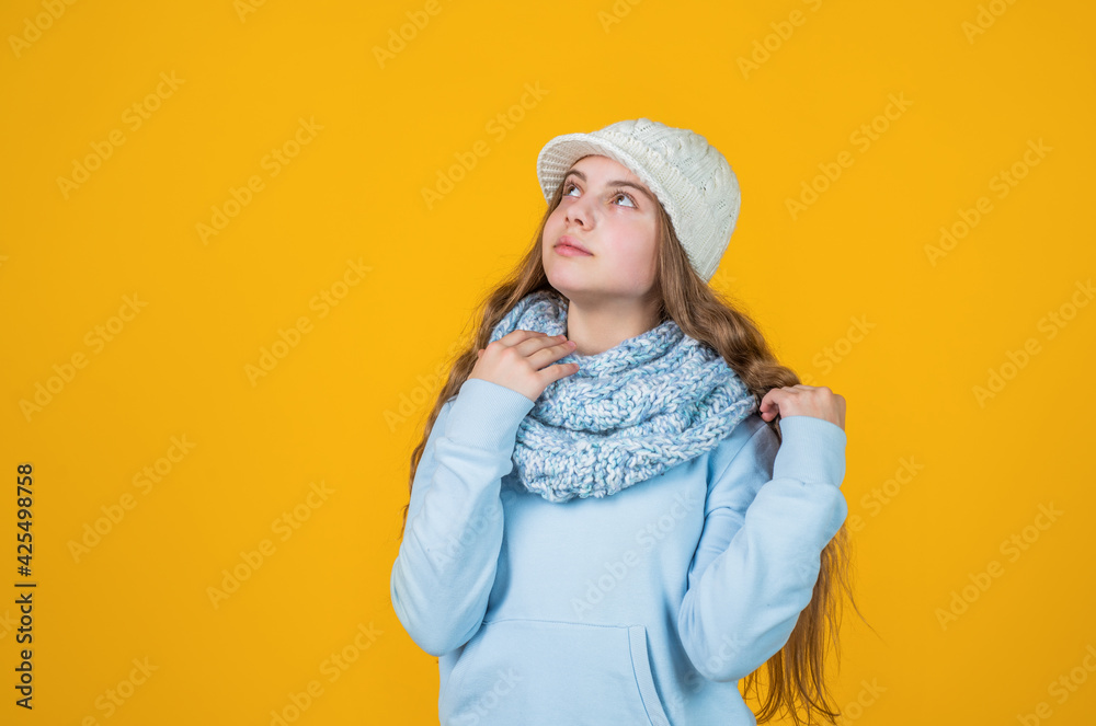 seasonal kid fashion. christmas holiday and vacation. cute beauty keep warm. weather forecast. cheerful girl ready for winter activity. teen child in beret and knitwear. place for copy space seasonal kid fashion. christmas holiday and vacation. cute beauty keep warm. weather forecast. cheerful girl ready for winter activity. teen child in beret and knitwear. place for copy space