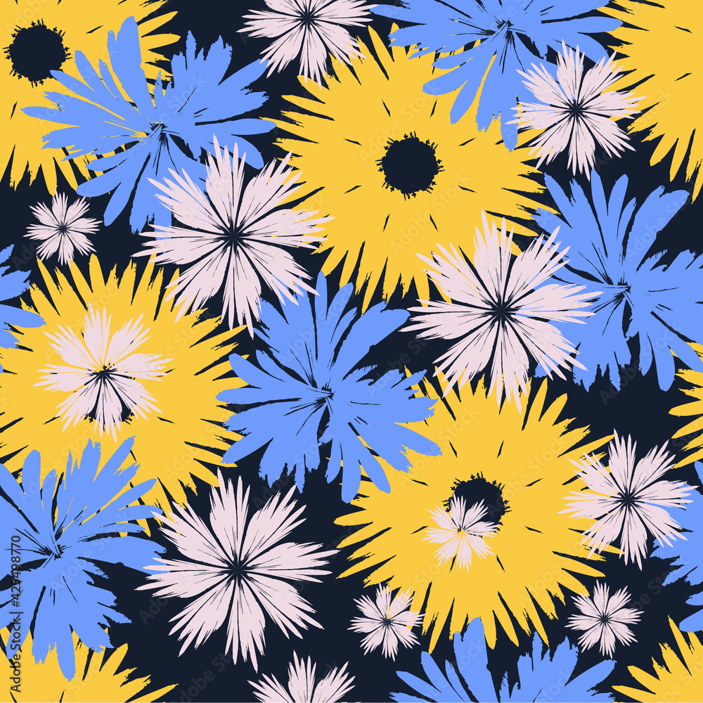 Hand-drawn seamless pattern with floral print. Abstract multi-colored daisies on black background. Vector pattern for printing on fabric, gift wrapping, covers, wallpapers. Hand-drawn seamless pattern with floral print. Abstract multi-colored daisies on black background. Vector pattern for printing on fabric, gift wrapping, covers, wallpapers.