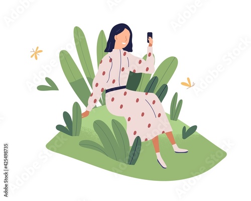 Happy client enjoying good usable interface and friendly positive environment of mobile app. User care and support concept. Colored flat vector illustration isolated on white background