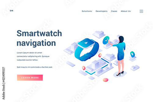 Smartwatch navigation. Landing page template. Woman uses map navigation app in smartwatches with gps tracker to navigate the city. Web banner. Isometric vector illustration