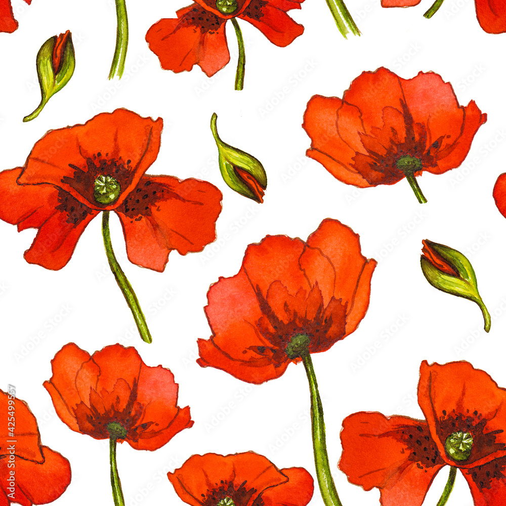 Seamless pattern of red watercolor poppy flowers on white background
