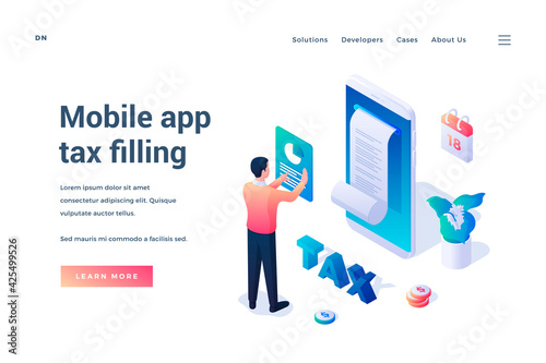 Phone tax filling. Isometric vector illustration. Man standing in front of huge smartphone and filling tax form online using mobile application. Web banner. Landing page template