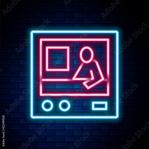Glowing neon line Television report icon isolated on brick wall background. TV news. Colorful outline concept. Vector