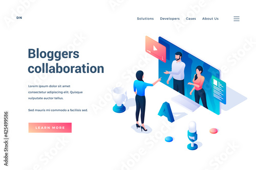 Bloggers collaboration. Isometric web banner. Female blogger communicate with other bloggers online. Creating vlog content. Live streaming podcast. Vector illustration