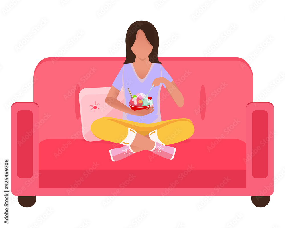 The character is eating ice cream while sitting on the couch. Close-up. Cartoon style. White background. The character is eating ice cream while sitting on the couch. Close-up. Cartoon style. White background.