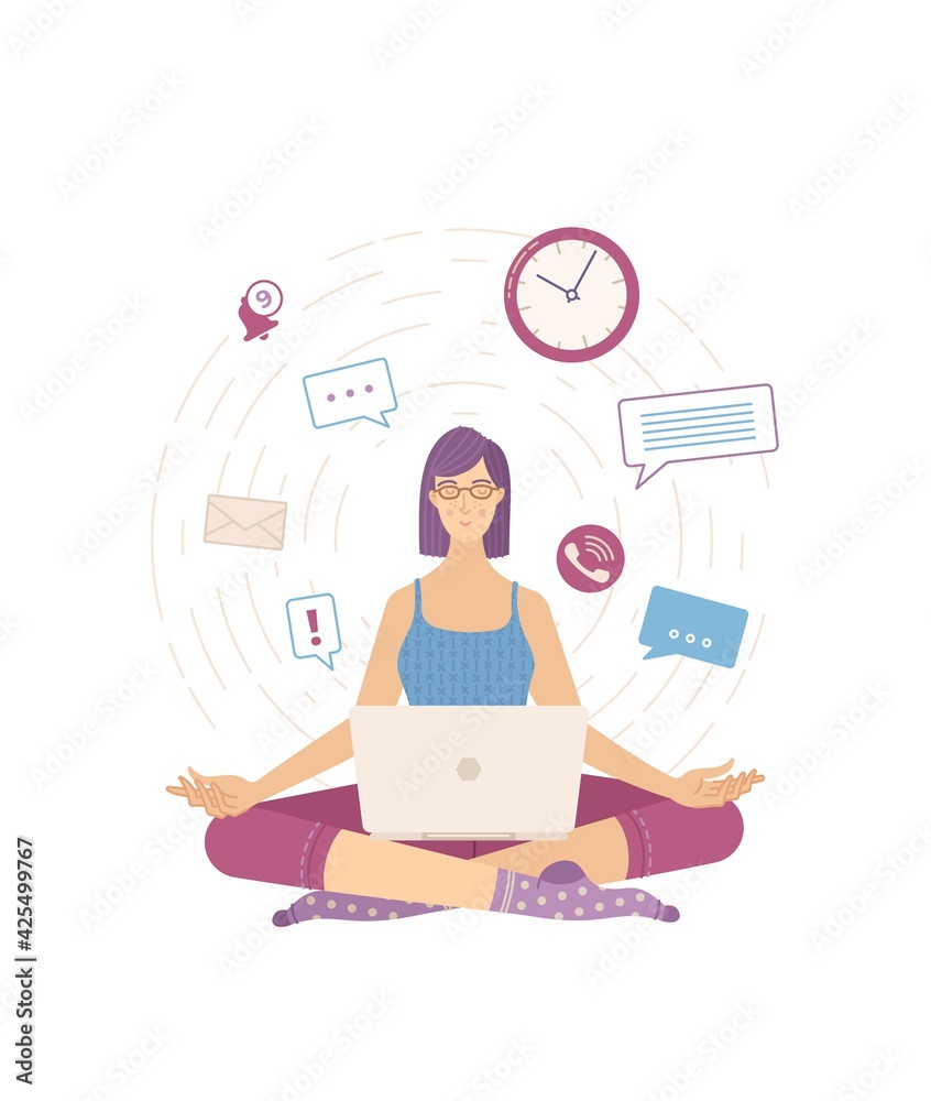 Obraz premium Young calm woman sitting in the lotus pose and relaxing flat vector illustration