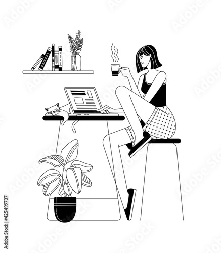 Woman working on her laptop in pajamas at home linear vector character