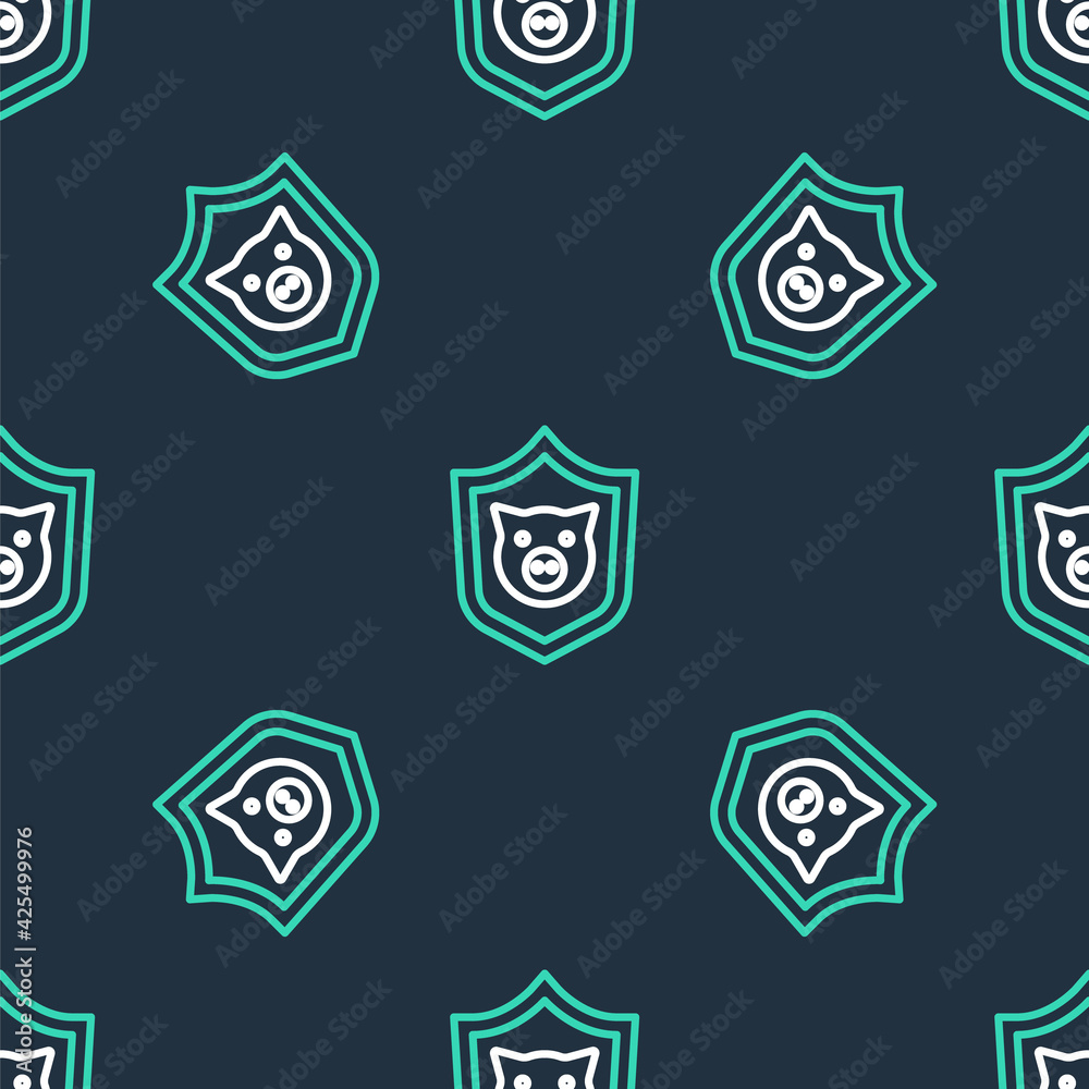 Line Shield with pig icon isolated seamless pattern on black background. Animal symbol. Vector