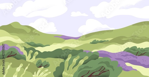 Panoramic view of summer nature landscape with grass, hills and flowers in good weather. Scenic panorama of green meadow and sky horizon with clouds. Flat vector illustration of rural scene