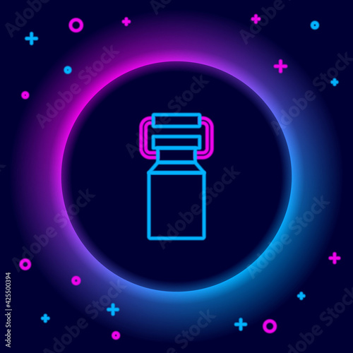 Glowing neon line Can container for milk icon isolated on black background. Colorful outline concept. Vector