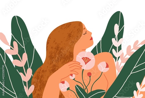 Happy peaceful blooming woman with blossomed flowers around. Concept of female beauty and health, self-care, acceptance and love. Colored flat graphic vector illustration isolated on white background
