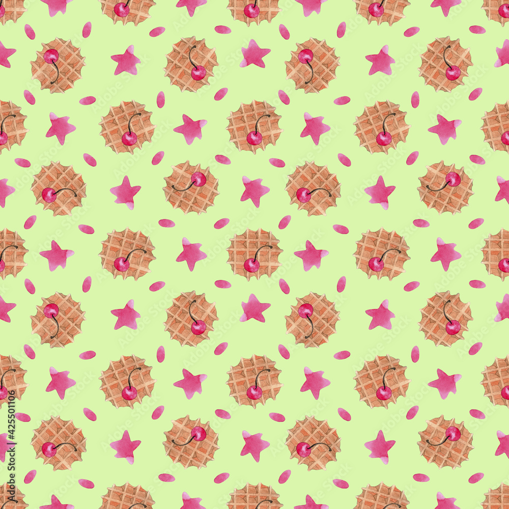 Fototapeta premium Watercolor seamless pattern with different sweets. Hand-drawn and isolated on a white background.