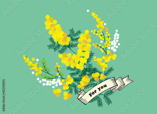 花束のイラスト。ミモザ、フサアカシアの花。