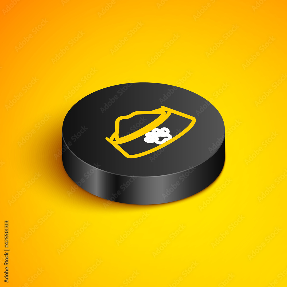 Isometric line Pet food bowl for cat or dog icon isolated on yellow background. Dog or cat paw print. Black circle button. Vector Isometric line Pet food bowl for cat or dog icon isolated on yellow background. Dog or cat paw print. Black circle button. Vector