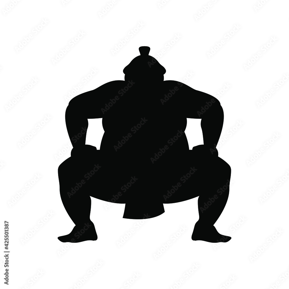  Vector sumo wrestler silhouette. Black on white icon