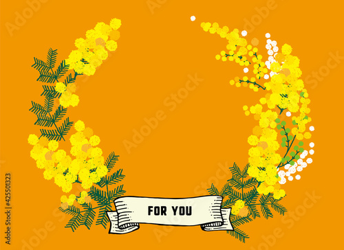 花のイラスト。ミモザ、フサアカシアの花。