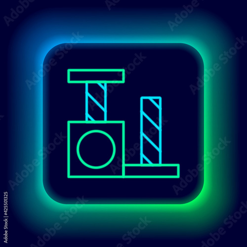 Glowing neon line Cat scratching post with toy icon isolated on black background. Colorful outline concept. Vector