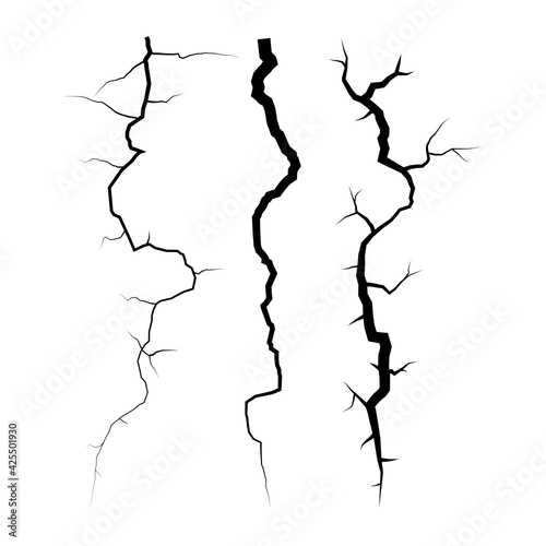 Cracked line texture isolated on white background. Wall cracks set.