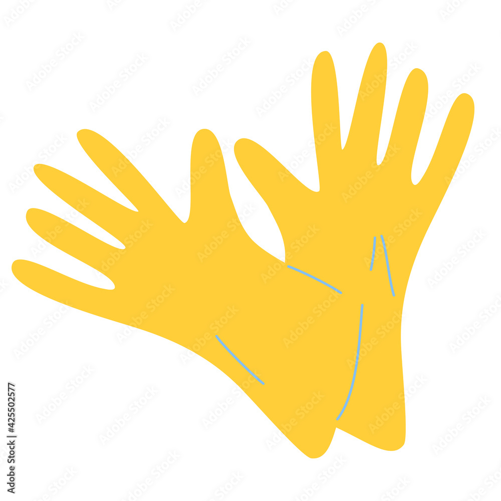Obraz premium Yellow rubber gloves. Latex gloves as a symbol of protection against viruses and bacteria. Hygiene, cleaning, wash, housekeeping work. Work and protective equipment. Vector illustration in flat style