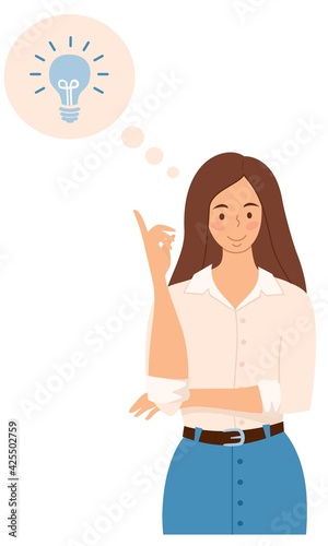 Flat vector illustration. The woman had a good idea. The girl is considering an idea.