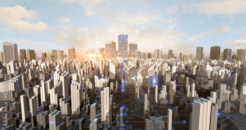 Complex Aerial City Skyline. Artificial Intelligence Network. Big Data. Technology And Business Related 3D Illustration Render