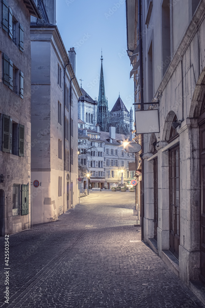 Cityscape of the old town of Geneva at blue hour. View of Place du Bourg-de-Four and St. Pierre Cathedral from rue Etienne-Dumont at dawn.
