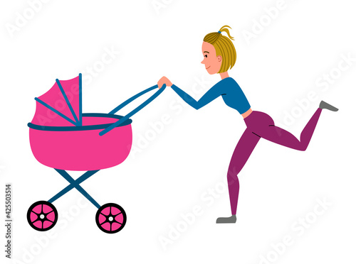 Training with a baby stroller. A girl does sports exercises with her baby.