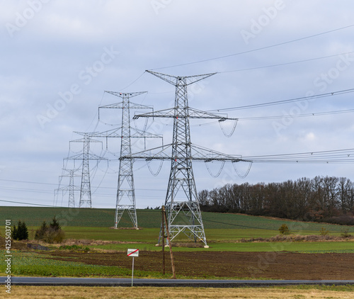 power lines on new built high voltage pylons
