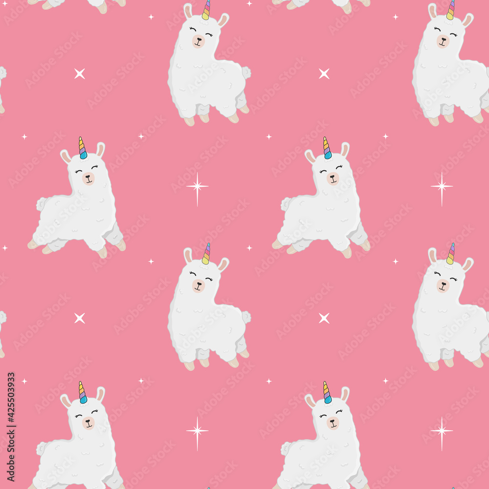 Fototapeta premium Seamless pattern of cute alpaca with unicorn horn in different poses. Cartoon design animal character flat vector style. Baby texture for fabric, wrapping, textile, wallpaper, clothing. Cute llama