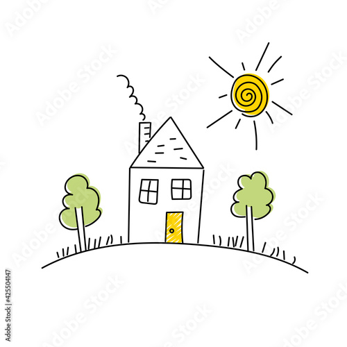 House, trees, sun, grass in hand drawn style. Vector illustration