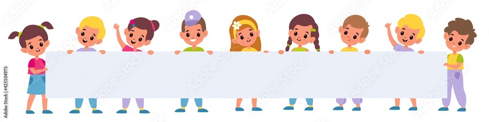 Kids holding big poster. Little girls and boys with long blank paper banner standing in line, children group with billboard template. Clean advertising placard. Vector cartoon concept Kids holding big poster. Little girls and boys with long blank paper banner standing in line, children group with billboard template. Clean advertising placard. Vector cartoon concept