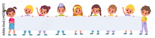 Kids holding big poster. Little girls and boys with long blank paper banner standing in line, children group with billboard template. Clean advertising placard. Vector cartoon concept