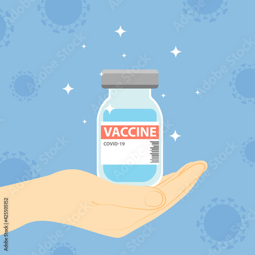 Doctor holding a medical bottle with coronavirus vaccine in his hand. Injection cure from covid-2019. Vector illustration