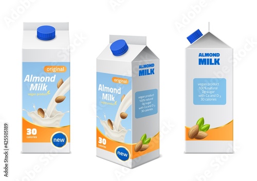 Milk packaging design. Realistic almonds drink boxes different angles view, natural vegan beverages, 3d pack with white splash, nuts and green leaves. Vector isolated on white set