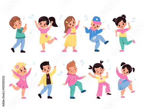 Kids dancing. Children characters dance and sing, little happy girls and boys listen melodies, young music lovers, notes in air. Leisure time in school vector cartoon isolated set