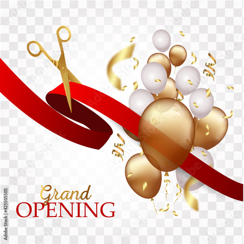 Grand opening design with ribbon, balloons and gold scissors, confetti.
