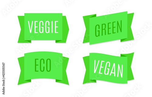 Green ribbons banners. Eco and bio tags design for natural vegan products. Simple ecology label and emblem, text on tape, veggie badge and logo, bright stickers vector isolated set