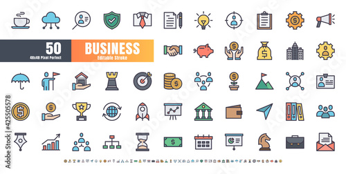 48x48 Pixel Perfect. Business and Financial. Flat Color Filled Outline Icons Vector. for Website, Application, Printing, Document, Poster Design, etc. Editable Stroke