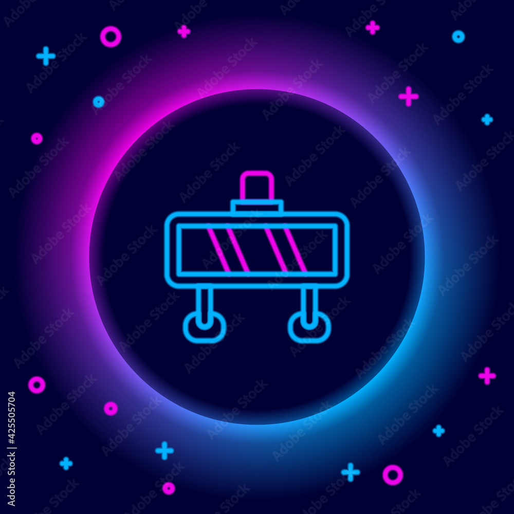Glowing neon line Road barrier icon isolated on black background. Symbol of restricted area which are in under construction processes. Repair works. Colorful outline concept. Vector Glowing neon line Road barrier icon isolated on black background. Symbol of restricted area which are in under construction processes. Repair works. Colorful outline concept. Vector