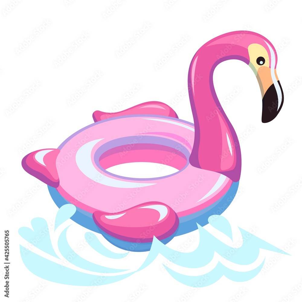 Flamingo swimming. Inflatable beach or pool rubber toy, summer bright pink bird float, sea ring with marine waves cartoon concept. Exotic buoy on tropical resort vector illustration Flamingo swimming. Inflatable beach or pool rubber toy, summer bright pink bird float, sea ring with marine waves cartoon concept. Exotic buoy on tropical resort vector illustration