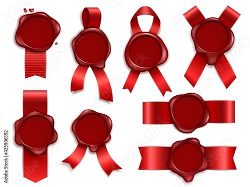 Stamp candle. 3d red ribbons with original waxed rubber royal postage stamps, vintage document envelope seals insulated. Decor elements for letter or certificate vector realistic isolated set