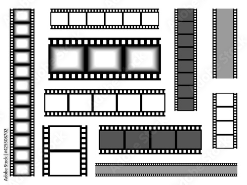 Film strip. Realistic cinema tape. Blank bands for recording video or shooting photographs and showing presentation slides. Various types set of seamless celluloid. Vector movie reel