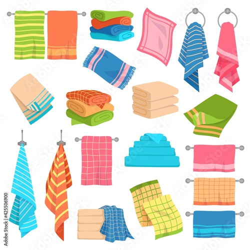 Towel cartoon set. Beach, kitchen and bath hanging and stacked towels collection. Cotton napkin and rags, rolls for spa hygiene textile colorful objects. Vector isolated collection