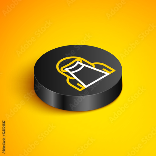 Isometric line Muslim woman in niqab icon isolated on yellow background. Black circle button. Vector