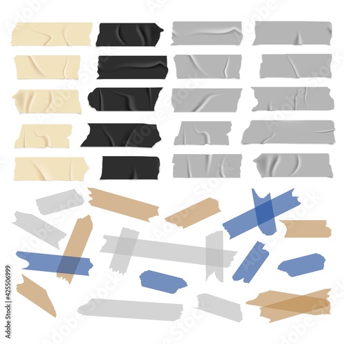 Transparent adhesive tapes. Scotch tape collection. Black white and colored strips with glue, old and black grunge paper sticky pieces, packaging used stickers vector isolated set