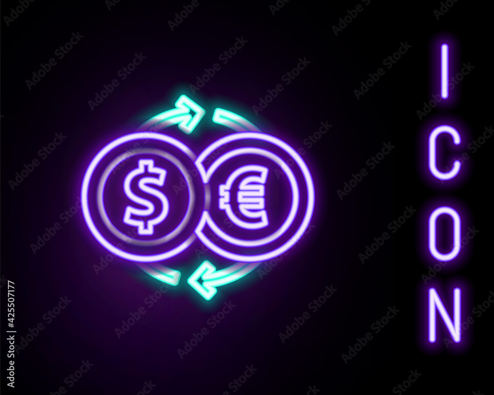 Fototapeta premium Glowing neon line Money exchange icon isolated on black background. Euro and Dollar cash transfer symbol. Banking currency sign. Colorful outline concept. Vector