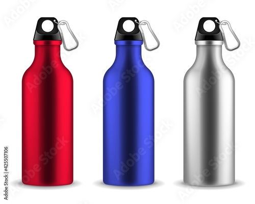 Water metal bottle. Reusable drinking blank bottles with lid and carabiner, drink aluminum fitness flask, sports or tourist realistic stainless tin beverages. Vector 3d isolated set