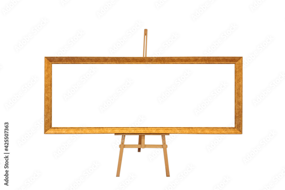 Golden picture frame on easel isolated on white background