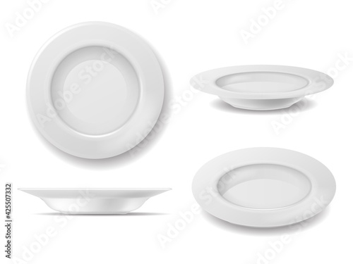 White plate set. Dish empty plates top and side view, realistic clean round bowl, kitchenware for home restaurant or cafe, close up ceramic porcelain. serving meal element vector illustration